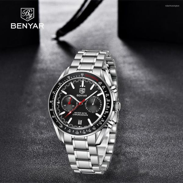 Mujeres de pulsera Benyar Design Business Business Automatic Quartz Wut Wel Wels Muñ para la muñeca 43 mm de acero inoxidable de 50m RELOJ RELOJ RELOJ HARBRE