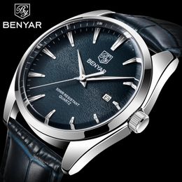 Horloges BENYAR Design Topmerk luxe horloge heren quartz mode eenvoudig vochtbestendig zakelijk lederen horloge 231025