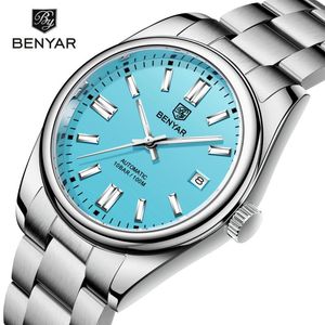 Polshorloges benyar modeheren automatische zelf kronkelende horloges voor mannen roestvrij staal waterdichte casual sport analoge pols horloge 5185 blauw