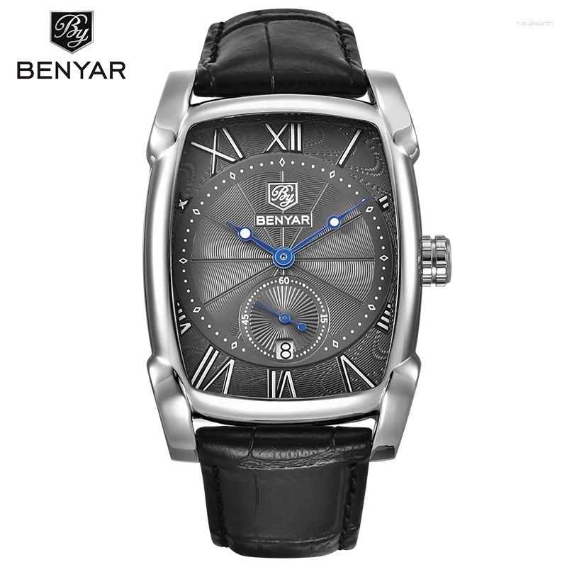 Armbandsur Benyar Leather Watch Men's Fashion Sports Quartz Brand Casual Square Waterproof Relogio Masculino