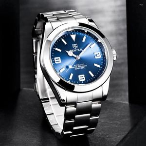 Montre-bracelets Benyar Mens Regardez mécanique Automatic Blue Watch 50m Affaire en acier inoxydable étanche Businel Lumineux