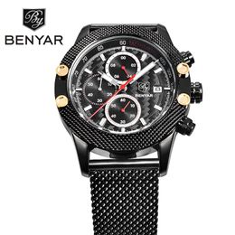 Polshorloges Benyar Quartz Watch Chronograph Fashion Sport Mens Watches Mesh Rubberen band Waterdichte reloj hombre drop