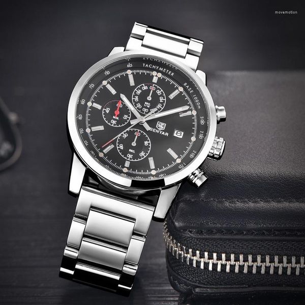 Relojes de pulsera Benyar de la mejor marca, reloj de lujo de cuarzo de acero inoxidable resistente al agua para hombres, reloj de mesa con código de sincronización, reloj Masculino
