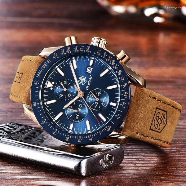 Montre-bracelets Benyar Watch for Men Sport Quartz 30m Calendrier imperméable Chronographe Lumineux Sobriquement en cuir Montre Homme
