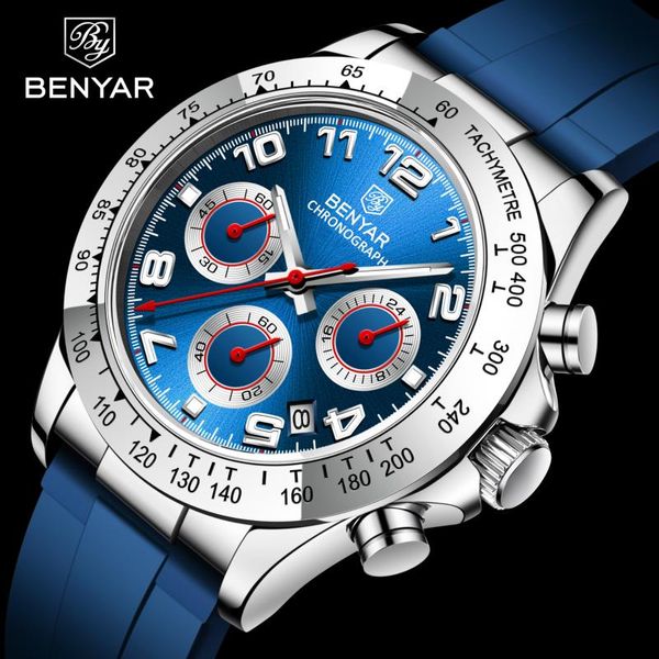 Montre-bracelets Benyar Watch Men Casual Quartz Chronograph Chronograph Big Dial Wristwatch Silicone Band Sport Horloge imperméable Reloj de Hombr
