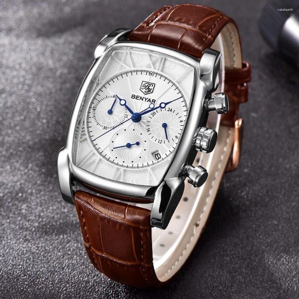 Montre-bracelets Benyar Watches Men Quartz Mens Wist Military Leather Watch Casual Square Watch imperméable Reloj de Hombre