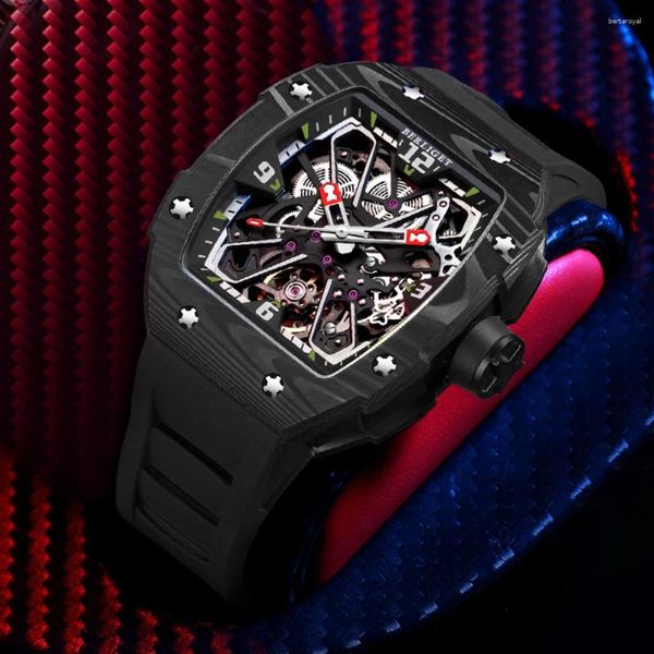 Relojes de pulsera BERLIGET Reloj automático de fibra de carbono para hombre Relojes de movimiento mecánico Tonneau de lujo para hombres Reloj de pulsera de zafiro resistente al agua