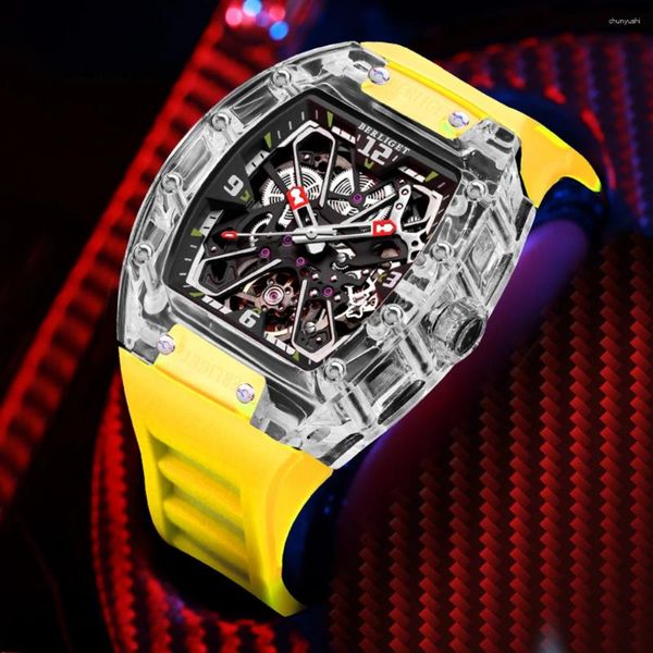 Relojes de pulsera Berliget Movimiento mecánico automático transparente Tonneau Man Relojes Caja de vidrio Esqueleto Luminoso de lujo para hombres