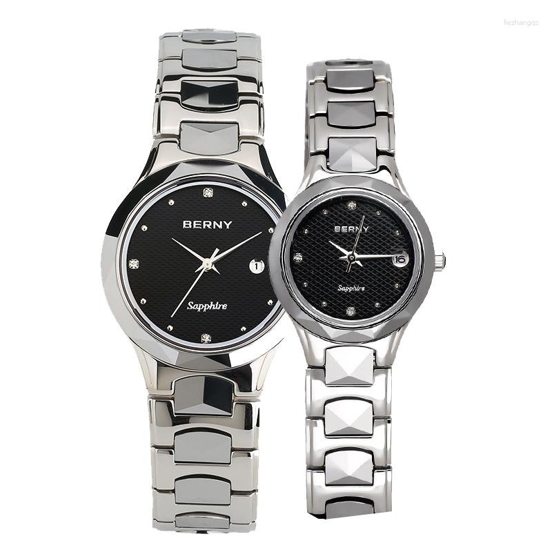腕時計バーニーカップルは日本QuartzムーブメントVX12サファイアガラスカレンダータングステンスチールベルトモントレホロージュレディースウォッチ3BAR