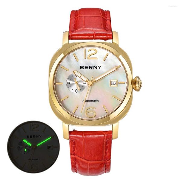 Relojes de pulsera Berny Ladies Reloj de pulsera mecánico Zafiro Cuero genuino MIYOTA 8217 Reloj automático de lujo para mujer Luminoso 5ATM Impermeable