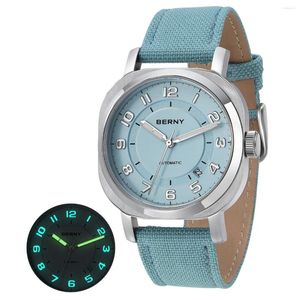 Montres-bracelets Berny Montre mécanique pour femmes 38mm Coussin d'oreiller Saphir Super Lumineux Mains Montre-Bracelet Calendrier en toile pour dames