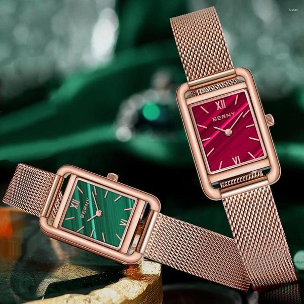 Relojes de pulsera BERNY MIYOTA 5Y20 Reloj para mujer 3ATM Waterpoof Square Zafiro Reloj de pulsera de cuarzo para mujer Pulsera de acero inoxidable Oro rosa