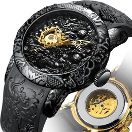 Relojes de pulsera BIDEN Moda Dragón de oro Escultura Hombres Reloj Automático Mecánico Impermeable Correa de silicona Reloj de pulsera Relojes Hombr254s