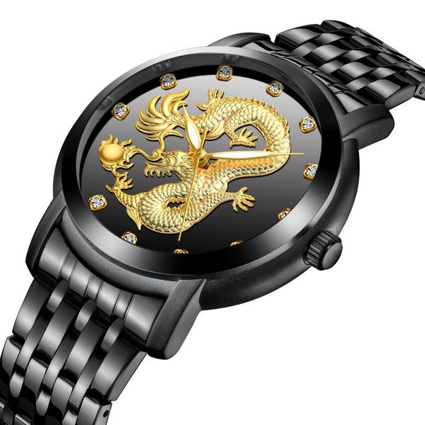 Relojes de pulsera BIDEN Moda Relojes para hombre Reloj de pulsera de cuarzo Creativo Golden Drogon Escultura Rhinestone Negro Acero inoxidable Hombre de lujo Cloc