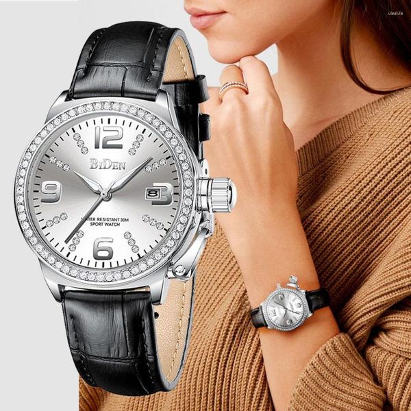 Relojes de pulsera BIDEN Top Mujer Reloj de cuarzo Pulsera de diamantes Banda de cuero Vestido de mujer Reloj de pulsera Calendario de regalo Relojes