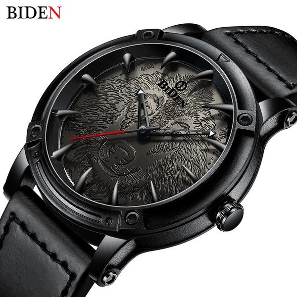 Montres-bracelets BIDEN Wolf Design Montre-bracelet pour homme Bracelet en cuir Quartz Wolf's Fang Étanche Sport Luxe Top Marque Hommes Relogio Horloge