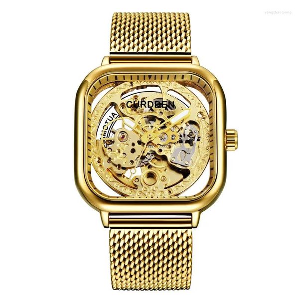 Montre-bracelets Big Brand Curdden Skeleton Watch Men Fashion Fashion en acier inoxydable Golden Automatic Mechanical Montres Montres de Marque Luxe