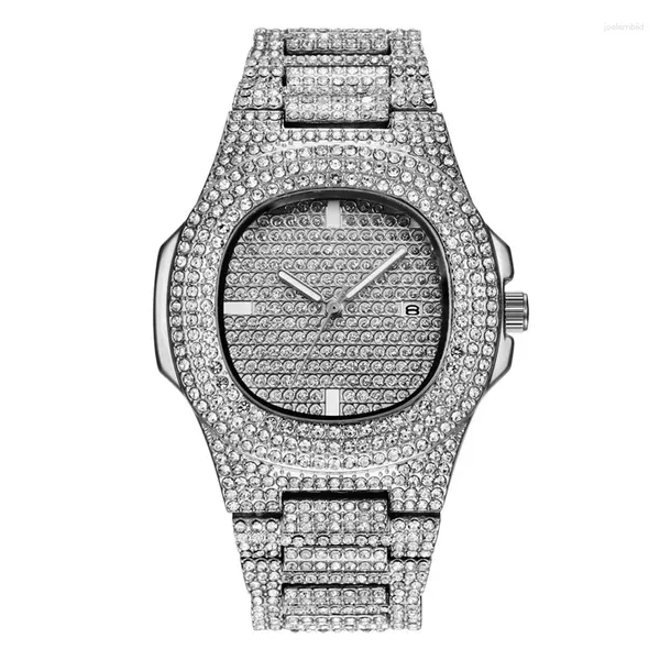 Relojes de pulsera Relojes de marca grande para hombres Banda de aleación de moda Hip Hop Diamante completo Calendario de lujo Reloj de cuarzo Relogios Masculinos 2024