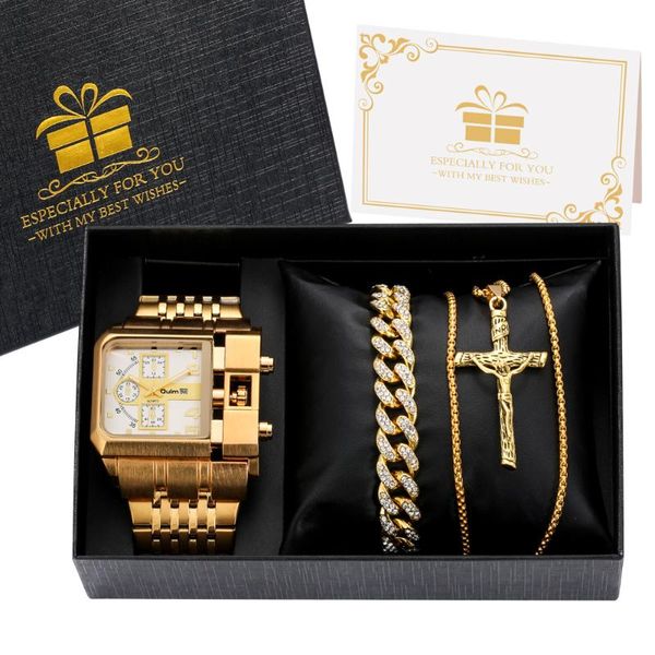 Relojes de pulsera Big Dial Luxury Golden Steel Watchband Relojes de cuarzo para hombres Dual Time Zone Military Relogio Masculino Collar Pulsera Regalo Se