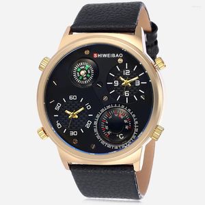 Relojes de pulsera Big Golden Case para hombre, relojes de pulsera militares de doble horario para hombre, correa de cuero de lujo, reloj deportivo para hombre