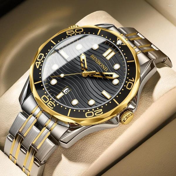 Relojes de pulsera BINBOND B2820 para hombre, relojes deportivos para hombre, reloj de cuarzo de acero completo resistente al agua, Masculino