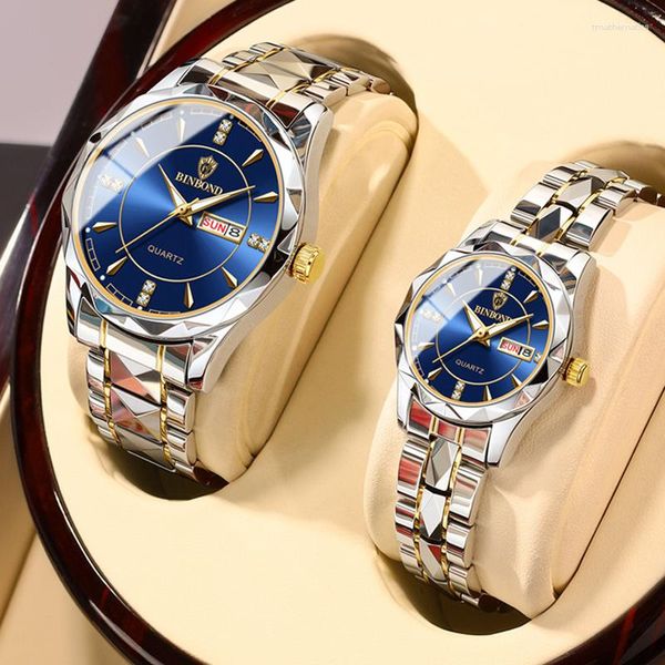 Montres-bracelets BINBOND Couple montre 2023 montre-bracelet à Quartz pour hommes femmes Date semaine étanche en acier inoxydable cadeaux d'amant de mode
