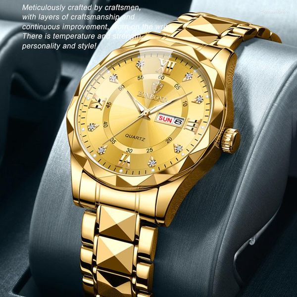 Relojes de pulsera BINBOND Reloj de cuarzo para hombre de moda Movimiento automático Correa de rejilla de diamante Reloj de mano de negocios Reloj de pulsera de regalo deportivo resistente al agua