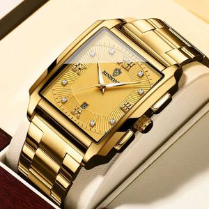 Montre-bracelettes binbond luxe doré hommes carrés japon quartz en acier inoxydable étanche sportive automatique date automatique es