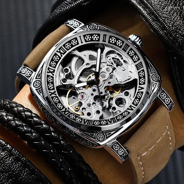 Relojes de pulsera BINBOND, reloj mecánico de lujo para hombre, patrón tallado, luz nocturna, correa de cuero genuino, reloj pesado, deportes al aire libre, genial