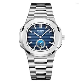 Armbanduhren Binbond Luxus Herren Klassisches Design Blauer quadratischer Stahl Leuchtende Geschäftsuhr Mann Wasserdicht Einfache Kalenderuhr