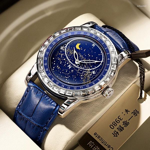 Relojes de pulsera Binbond giratorio cielo estrellado placa vacía diamante reloj moda hombre sol luna estrella impermeable luminoso