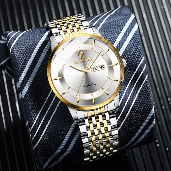 Montres-bracelets BINBONG hommes montres haut plaqué or montre à Quartz mode hommes lumineux semaine calendrier affichage étanche Reloj