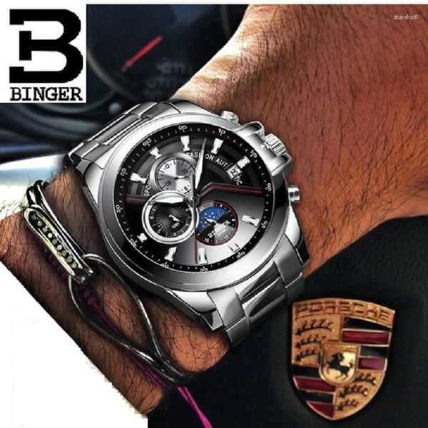 Wallwatches Binger Top Brand for Men Business Automatic Sports Mechanical Coated Glass Moon Phase Chronogragh Relogio Masculino