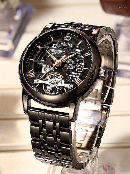 Montres-bracelets BINKADA automatique hommes montres marque mécanique Tourbillon montre étanche affaires en acier inoxydable creux mode Reloj Hombr