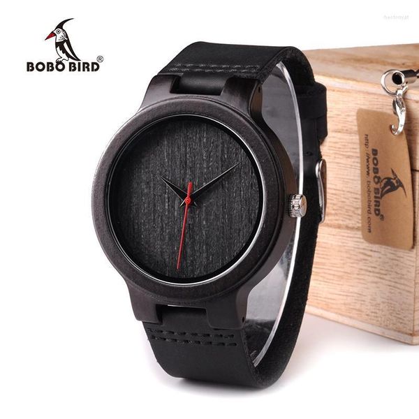 Relojes de pulsera BIRD WC22 Reloj de madera de ébano con puntero rojo Banda de cuero Japón Miyota 2035 Movimiento Relojes de cuarzo para hombres Mujeres Relojes de pulsera Él