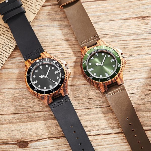 Relojes de pulsera con esfera negra de madera para hombre, reloj de pulsera de cuarzo, relojes creativos para hombre, correa de cuero genuino, reloj de pulsera, caja de regalos para hombre