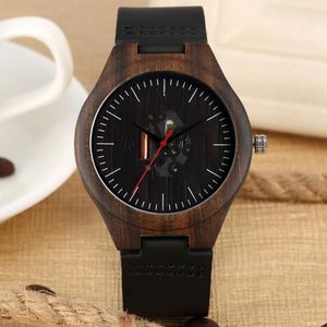 Polshorloges zwart ebbenhout houten horloges streep heren skeletbeweging wijzerplaat kloktijdwerk cadeau zachte lederen band mannelijke pols retro reloj