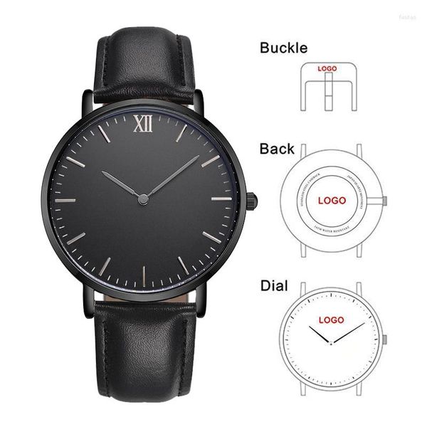 Relojes de pulsera Banda de cuero genuino negro Movimiento japonés Reloj para hombres Hacer logotipo Etiqueta privada Relojes de cuarzo OEM