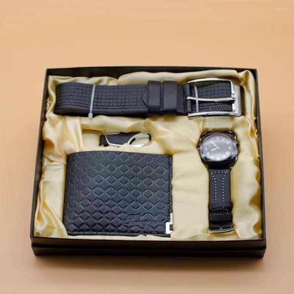 Relojes de pulsera de cuero negro 4 unids/set conjunto de regalo para hombres bellamente empaquetado cinturón de reloj billetera Keychai combinación Casual novio