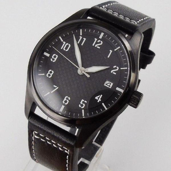 Relojes de pulsera para hombre, zafiro con revestimiento de PVD negro, automático, NH35/NH35A, ventana de movimiento, fecha, correa de cuero, relojes cepillados de 40mm