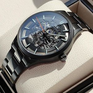 Relojes de pulsera Relojes de pulsera mecánicos automáticos de estilo retro negro para hombre Esqueleto Steampunk Acero inoxidable Relojes de pulsera de cuerda automática para hombre Reloj