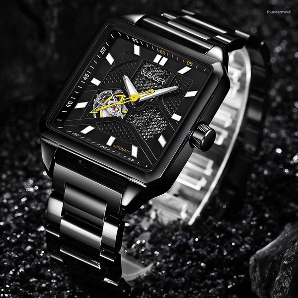 Relojes de pulsera de acero negro a la moda esqueleto mecánico reloj superior Steampunk transparente hueco automático reloj Masculino