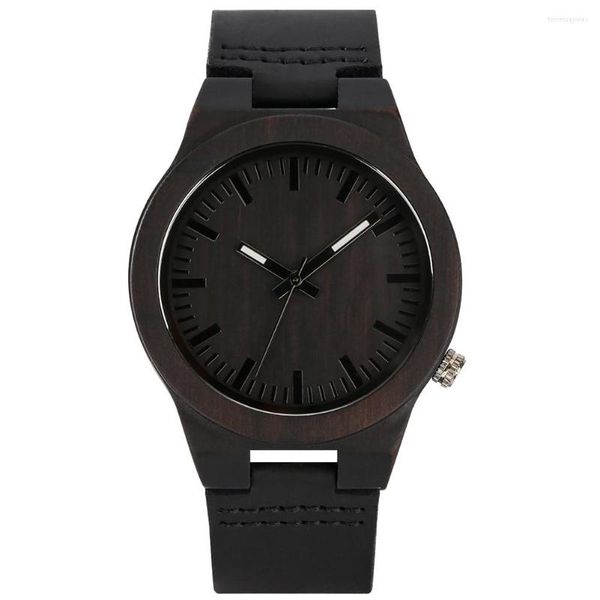 Montres-bracelets noir blanc pointeurs affichage Quartz hommes montre minimaliste bois d'ébène boîtier en cuir véritable bracelet hommes