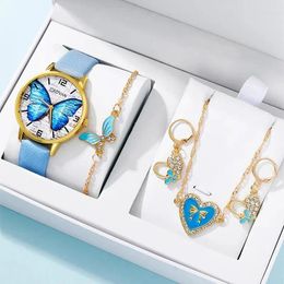 Montre-bracelets Blue Butterfly Watch Set for Women Fashion Fashion Casual Quartz Wristwatch Ladies Elegant Leather Band Bracelet Watches Gifts