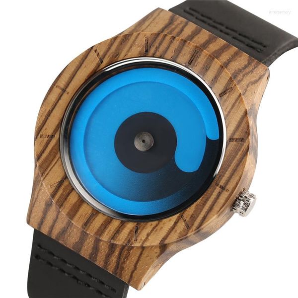 Relojes de pulsera con esfera giratoria azul/púrpura, relojes creativos de madera para hombre, correa de cuero informal, reloj de llegada 2023, reloj de pulsera de madera, regalo para hombre