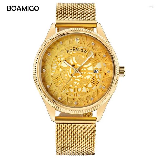 Montre-bracelets Boamigo Marque Men Watch Watch Quartz Fashion Skeleton mâle Gol Mesh en acier d'acier