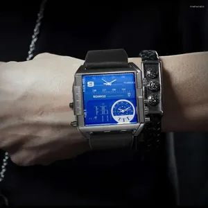 Montres-bracelets BOAMIGO Hommes Garçons Sports Montres 3 Fuseau horaire Cuir Rectangle Mâle Horloge Numérique