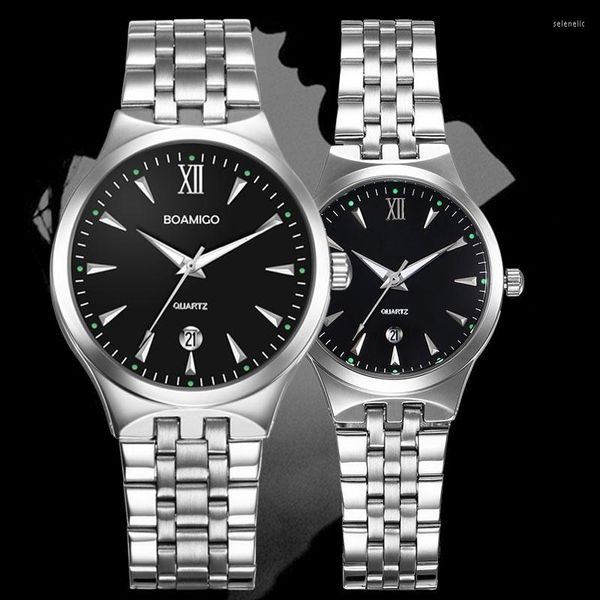 Montres-bracelets BOAMIGO Top marque Couple montres mode décontracté hommes montre à Quartz plein acier Date femmes amoureux 30 m étanche