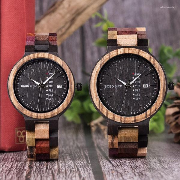 Relojes de pulsera Bobo Bird Relojes de madera antiguos para hombre Fecha y semana Reloj de negocios con banda de madera de color mezclado único Regalo de aniversario