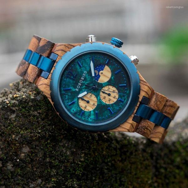 Relojes de pulsera BOBO BIRD Reloj cronógrafo de cuarzo delicado Reloj de pulsera de madera natural Colección de relojes para hombres Pantalla de día y noche personalizada
